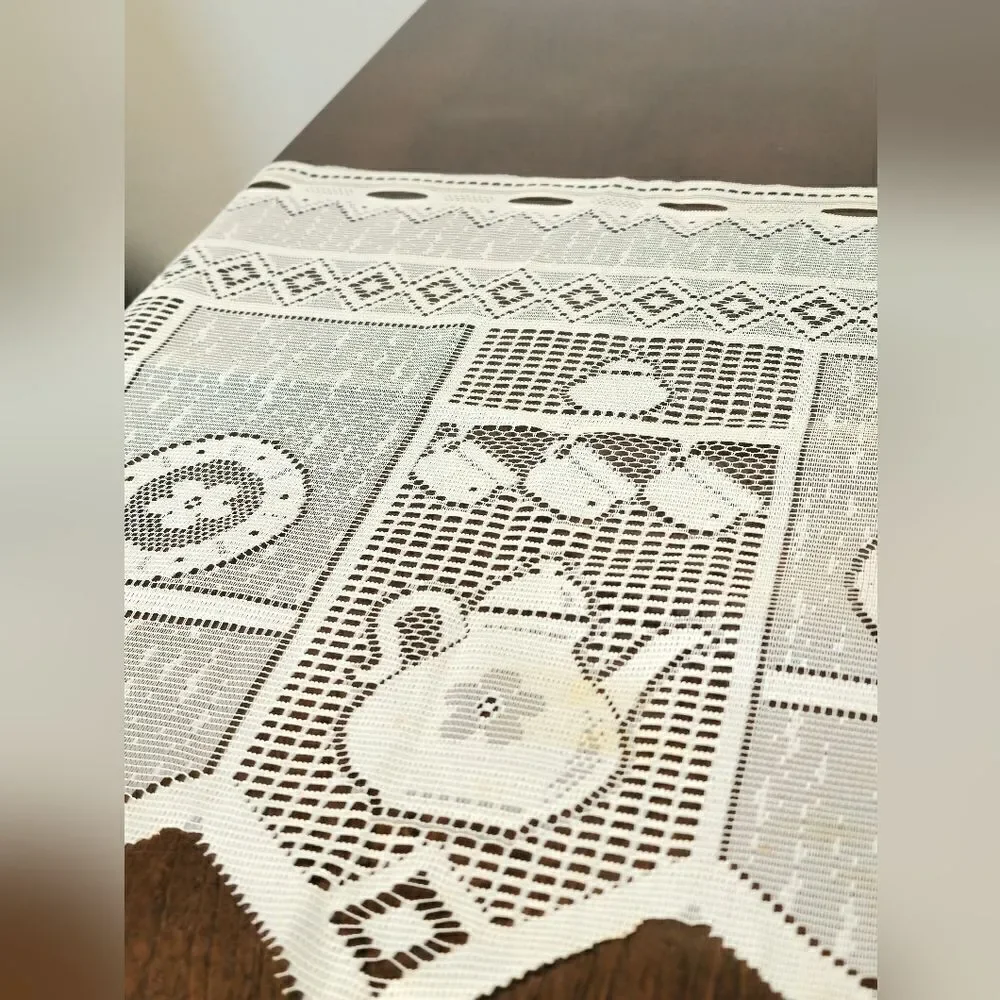 Vintage french jacquard white lace table runner w/coffee pot and cup design